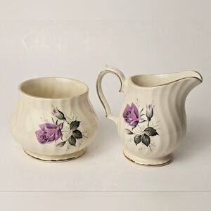 Vintage Sadler England Creamer & Sugar Set – Purple Rose Floral w/ Gold Trim